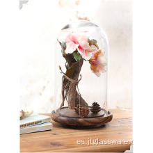 Base de madera de cúpula de vidrio transparente hecha a mano con flores